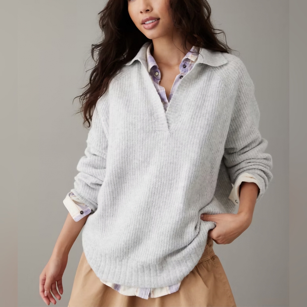 American Eagle AE Whoa So Soft Oversized Collared Sweater in Gray Size: Large